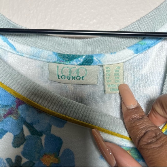 LOGO Lounge Women Tank Top 2X Blue Floral Art Sheer Mesh Lace Trim Stretch Green - Picture 3 of 12